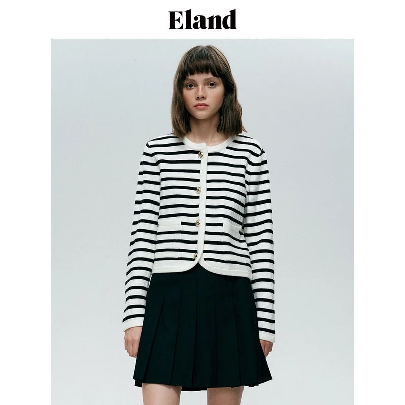 Eland衣恋热力感针织衫女撞色条纹罗纹甜美毛衣上衣女 EECKD49Y08