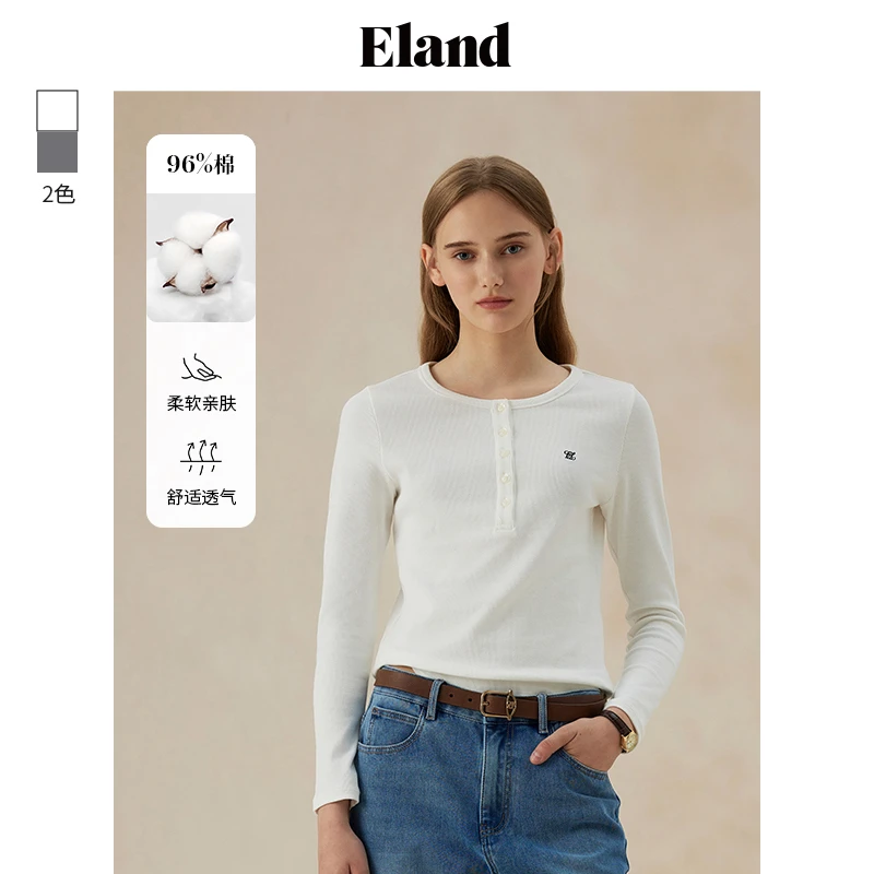 Eland衣恋长袖T恤女简约风棉感圆领上衣休闲百搭EELAE49R01
