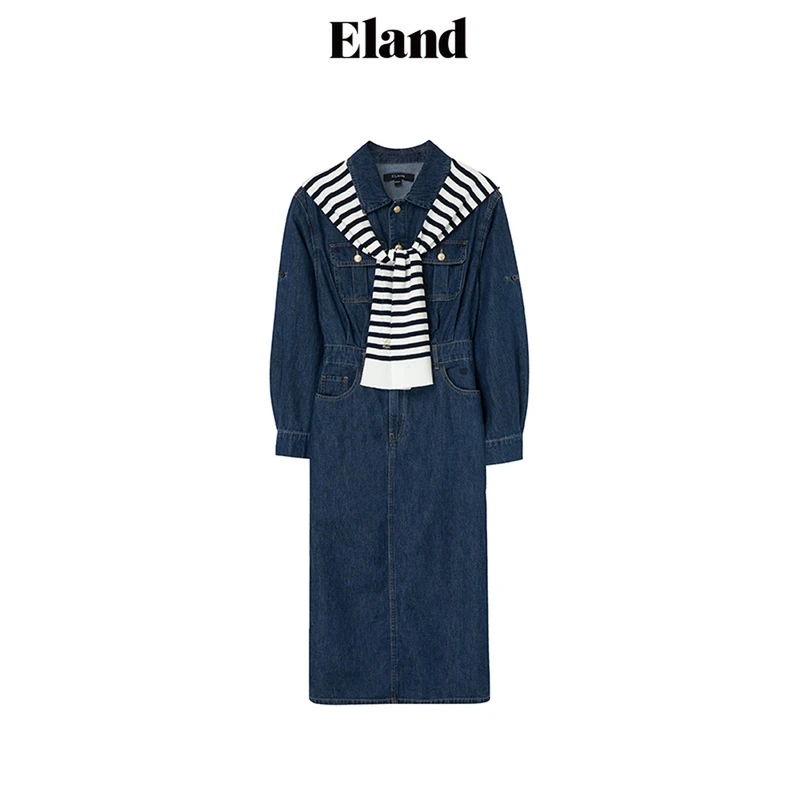 Eland衣恋牛仔连衣裙女纯棉美式摩登复古风收腰裙子EEOJD49R01