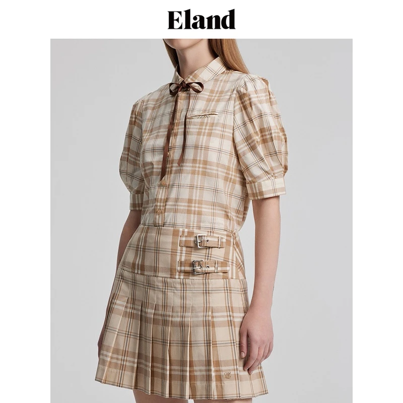 Eland衣恋衬衫上衣时尚经典格纹泡泡袖短袖通勤穿搭EEYCD24Y01