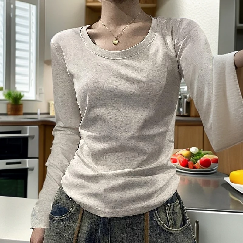 白花灰U领正肩长袖T恤女秋冬纯棉加薄绒内搭低领万能打底小衫上衣