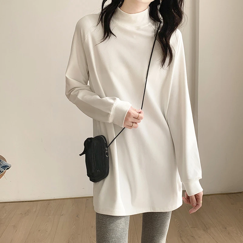中长款德绒半高领打底衫女2024新款秋冬长袖白色体桖内搭上衣
