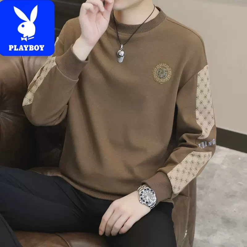 花花公子男士卫衣春秋款宽松潮牌长袖t恤圆领秋装上衣加