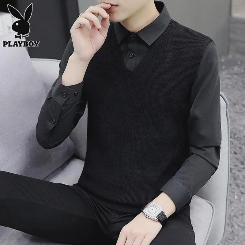 花花公子衬衫领毛衣男士打底衫秋冬季新款潮黑色休闲针织衫上衣男