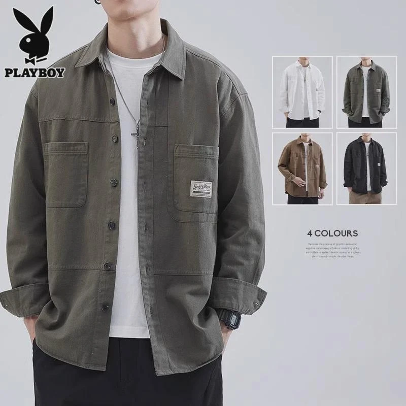 花花公子男士韩版衬衫工装外套秋季潮牌时尚帅气休闲长袖衬衣男款