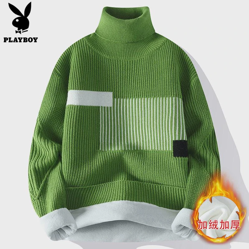 花花公子毛衣男秋冬季新款加绒加厚高领针织衫学生撞色打底衫保暖