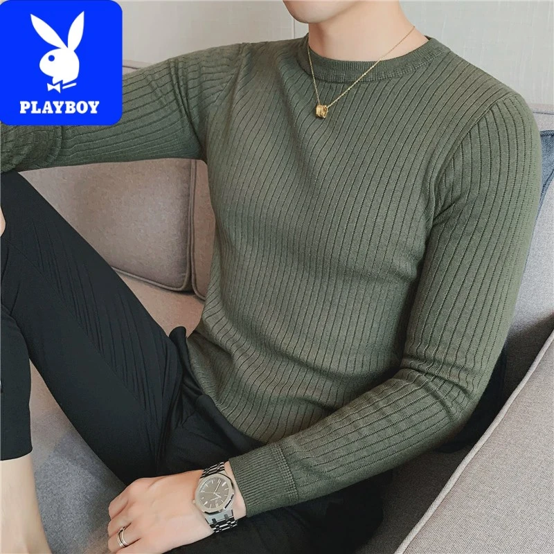 花花公子秋冬季男士白色毛衣修身打底衫长袖青年简单款休闲圆领针