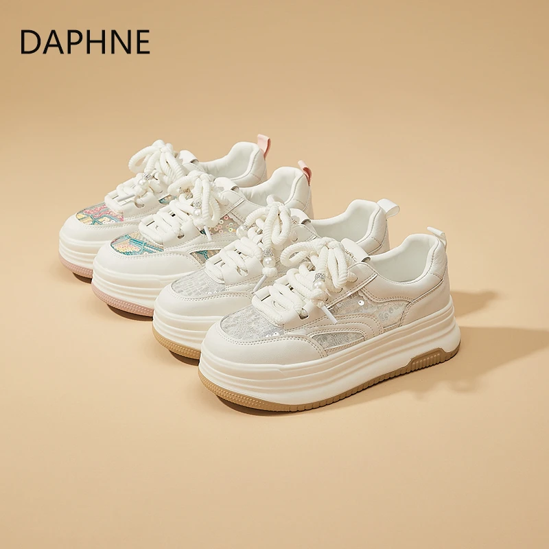 达芙妮百搭亮片国风时尚休闲小白鞋厚底运动板鞋女QZ
