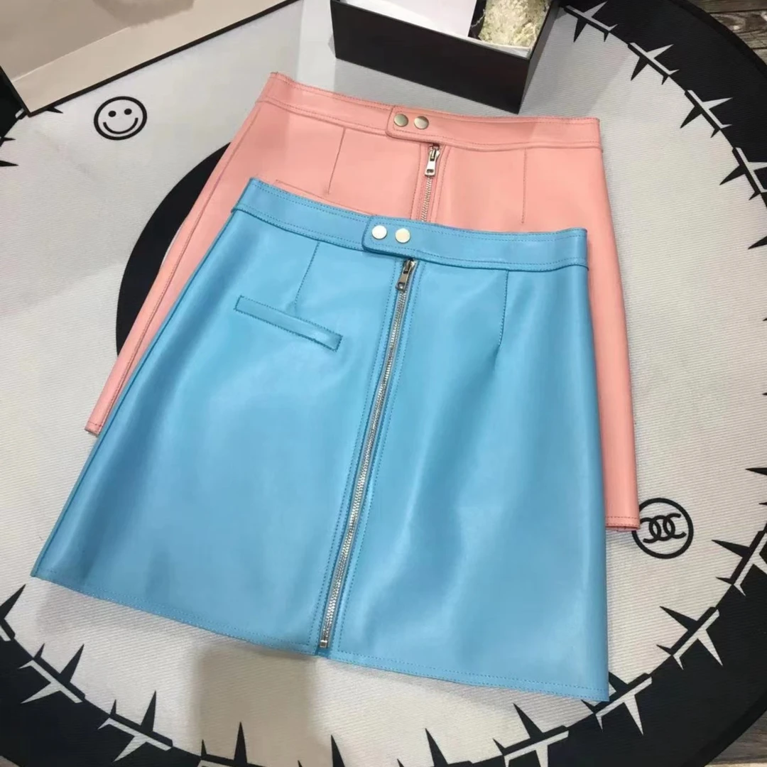 <顾小姐>海宁真皮皮裙A裙绵羊皮短裙蓝色703