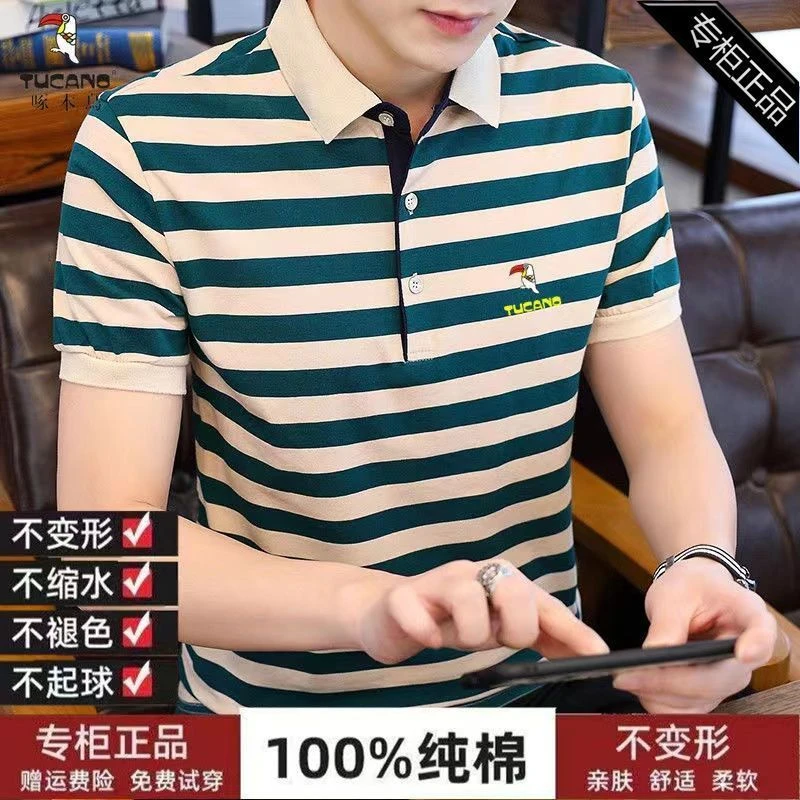 啄木鸟男士纯棉T恤夏季新款polo衫中青年立领商务条纹透气韩版男