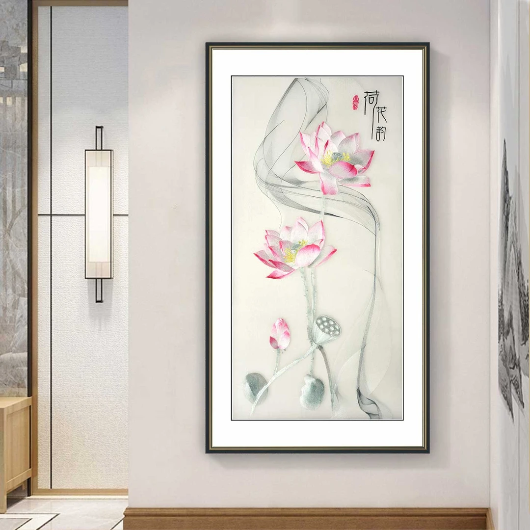 德丰绣品刺绣装饰画玄关挂画客厅挂画餐厅挂画竖款荷花竹子牡丹花