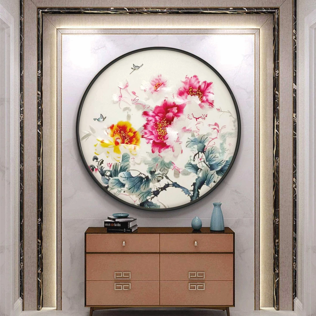 德丰绣品苏绣刺绣装饰画客厅餐厅挂画新中式、中式圆框装饰画PS框