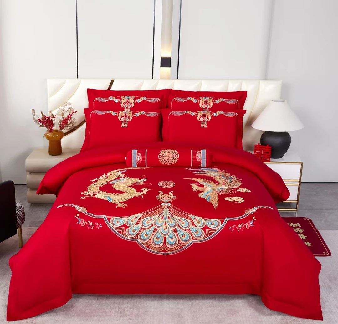 馨缘【龙凤和鸣】长绒棉龙凤绣花套件结婚大红色婚庆四件套