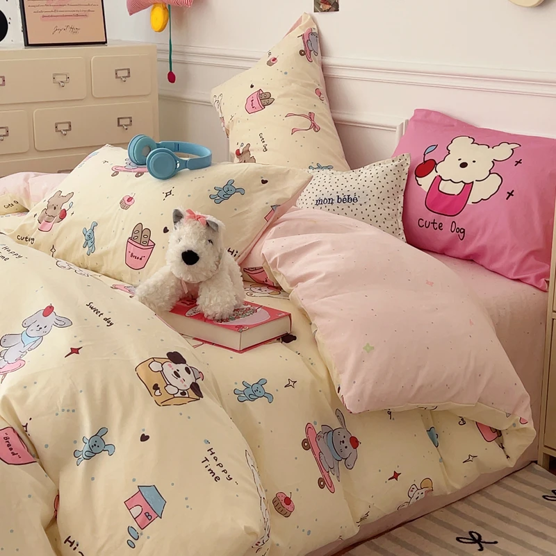 新款卡通可爱全棉ins混搭风元气四件套单人学生宿舍三件套床笠款4