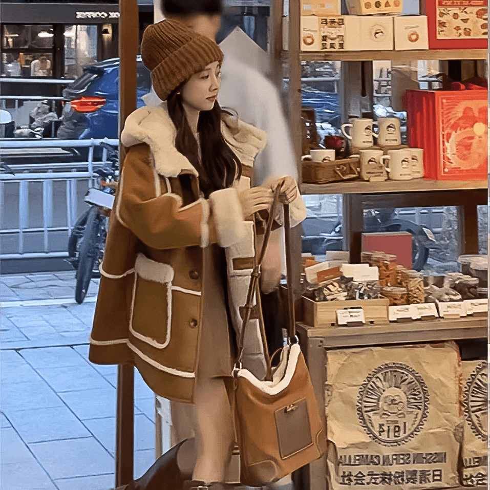 韩版小个子加绒连帽大口袋宽松新款美拉德复古中长款毛外套