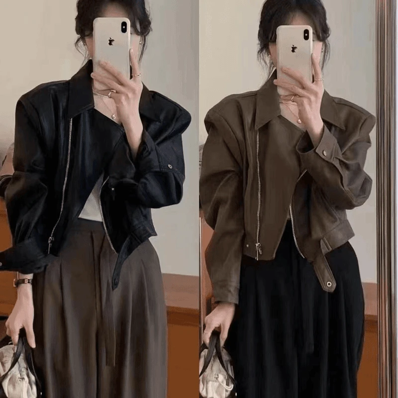 2024春秋网红短款皮衣外套女装机车皮夹克百搭小个子短款新品
