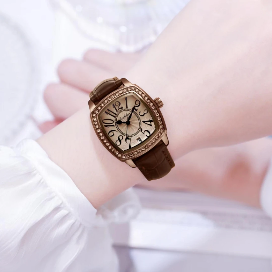 时尚轻奢酒桶玫瑰金数字夜光防水女士石英腕表8180专属