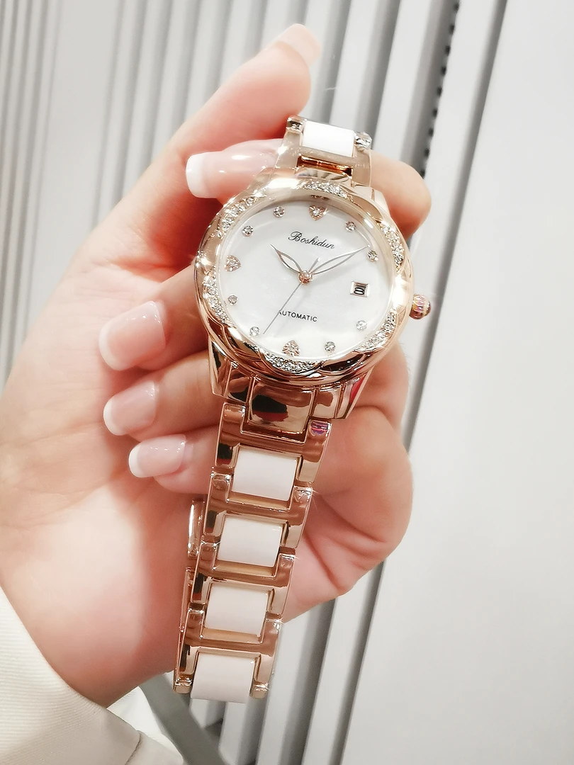 新款时尚深海贝母白夜光日历间陶瓷全自动背透女表9121专属