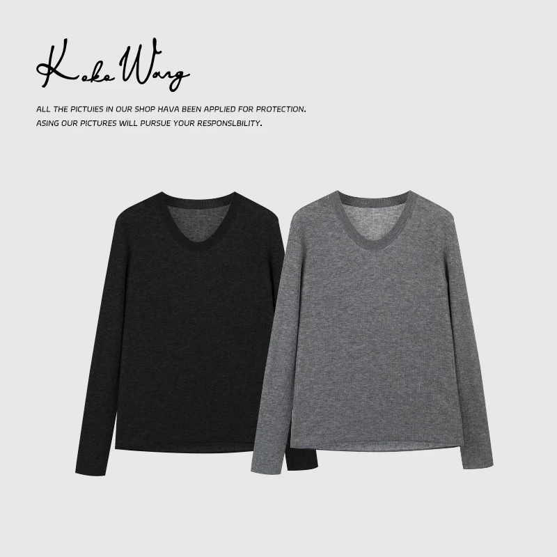 KOKO WANG早秋纯色100%水溶羊毛软糯舒适长袖针织衫 192924H03Z03