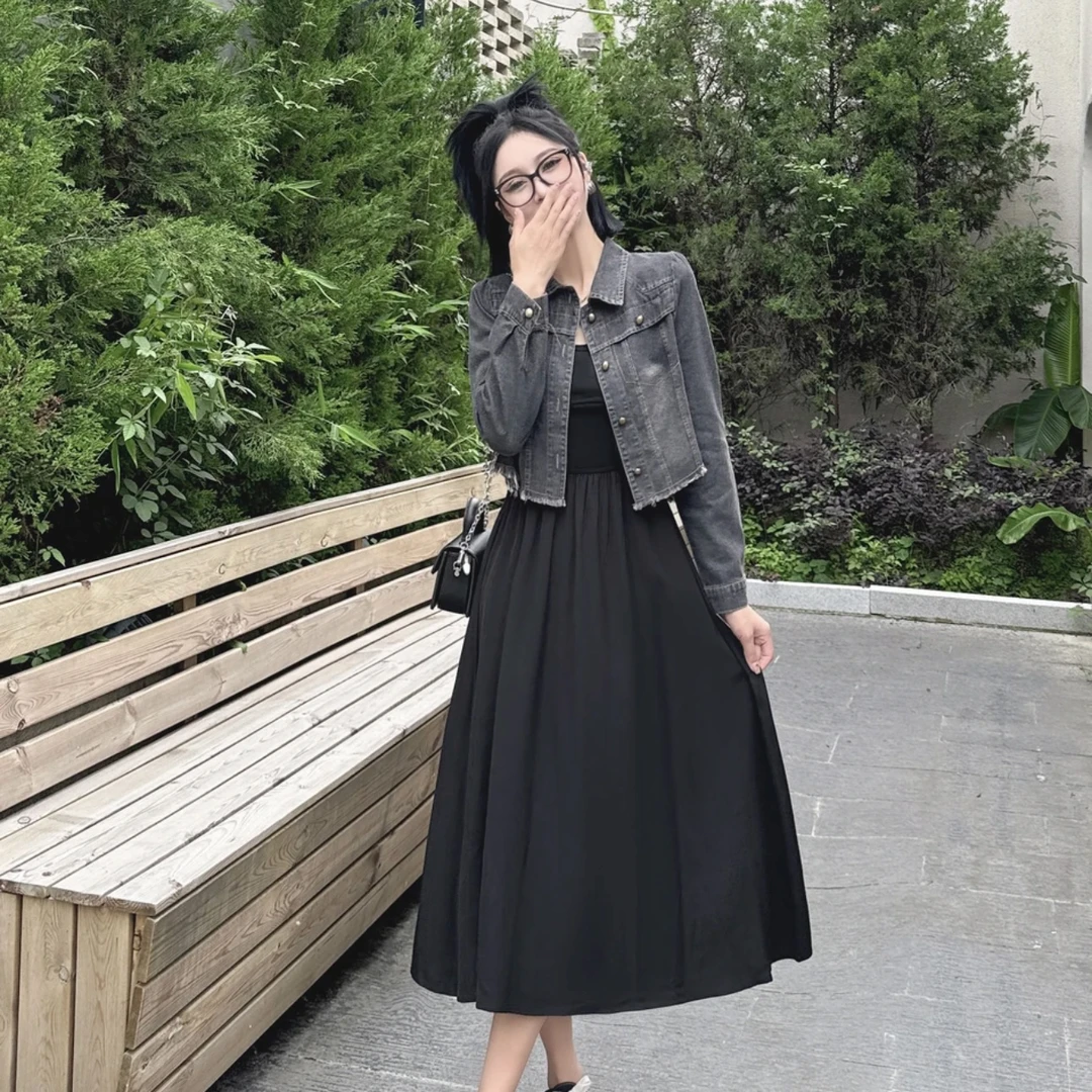 牛仔外套➕背心连衣裙女2024早秋新款气质高级感显瘦长裙两件套