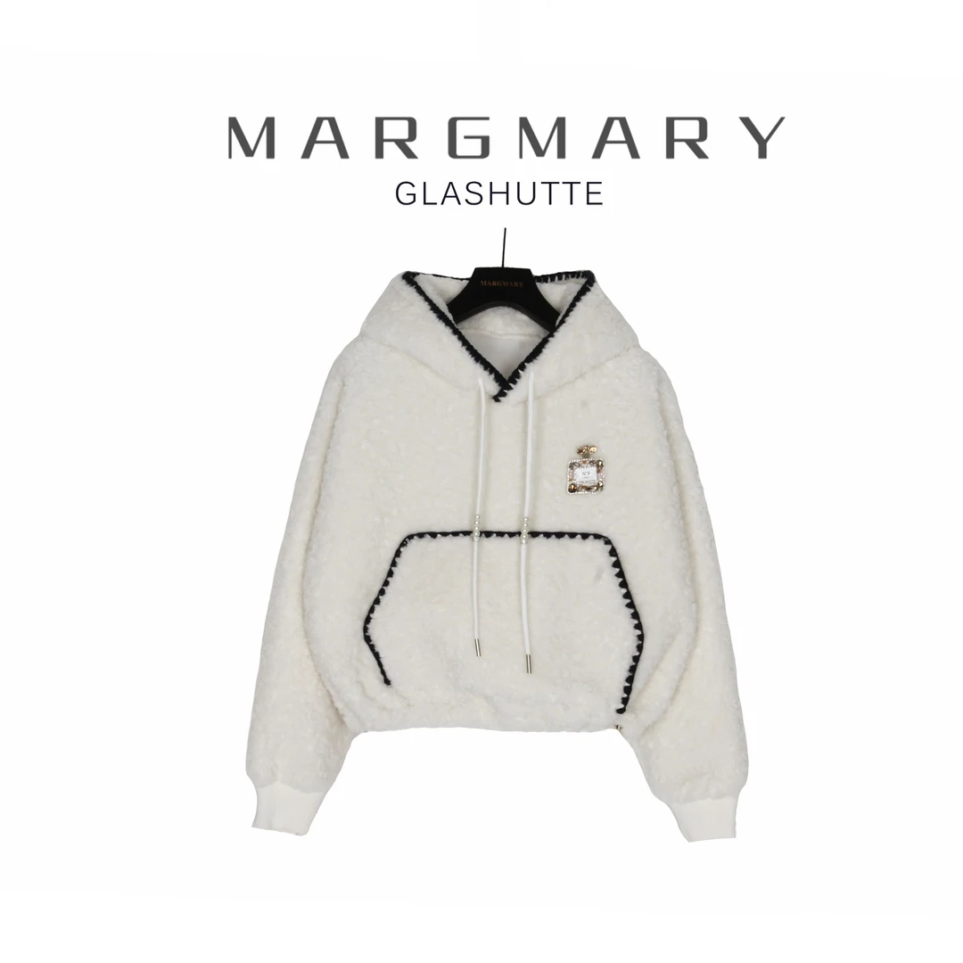 2024冬季设计师新款香水瓶黑色花边拼接休闲市场百搭连帽卫衣