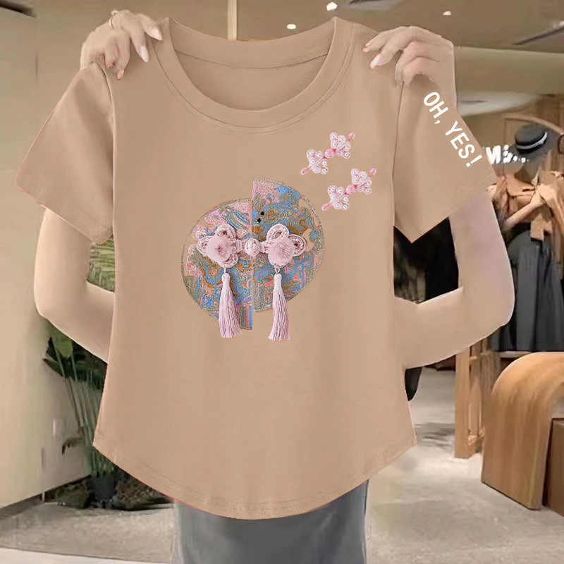 100%纯棉短袖T恤女夏季薄款不规则体恤弧形下摆显瘦设计感上衣ins