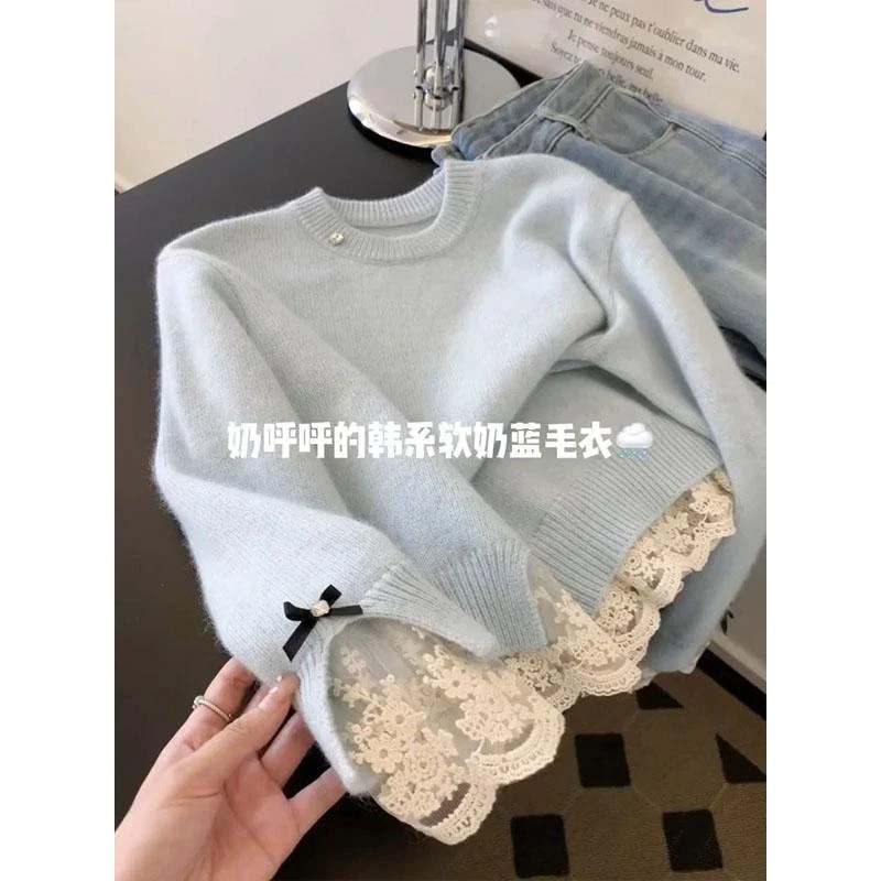 韩系奶呼呼甜美蕾丝拼接毛衣女2024秋冬季新款超好看精致针织上衣