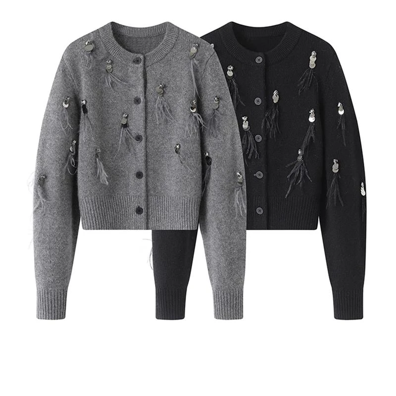 法式小香风毛衣女2025新款秋冬重工流苏亮片镶钻羽毛针织开衫高级