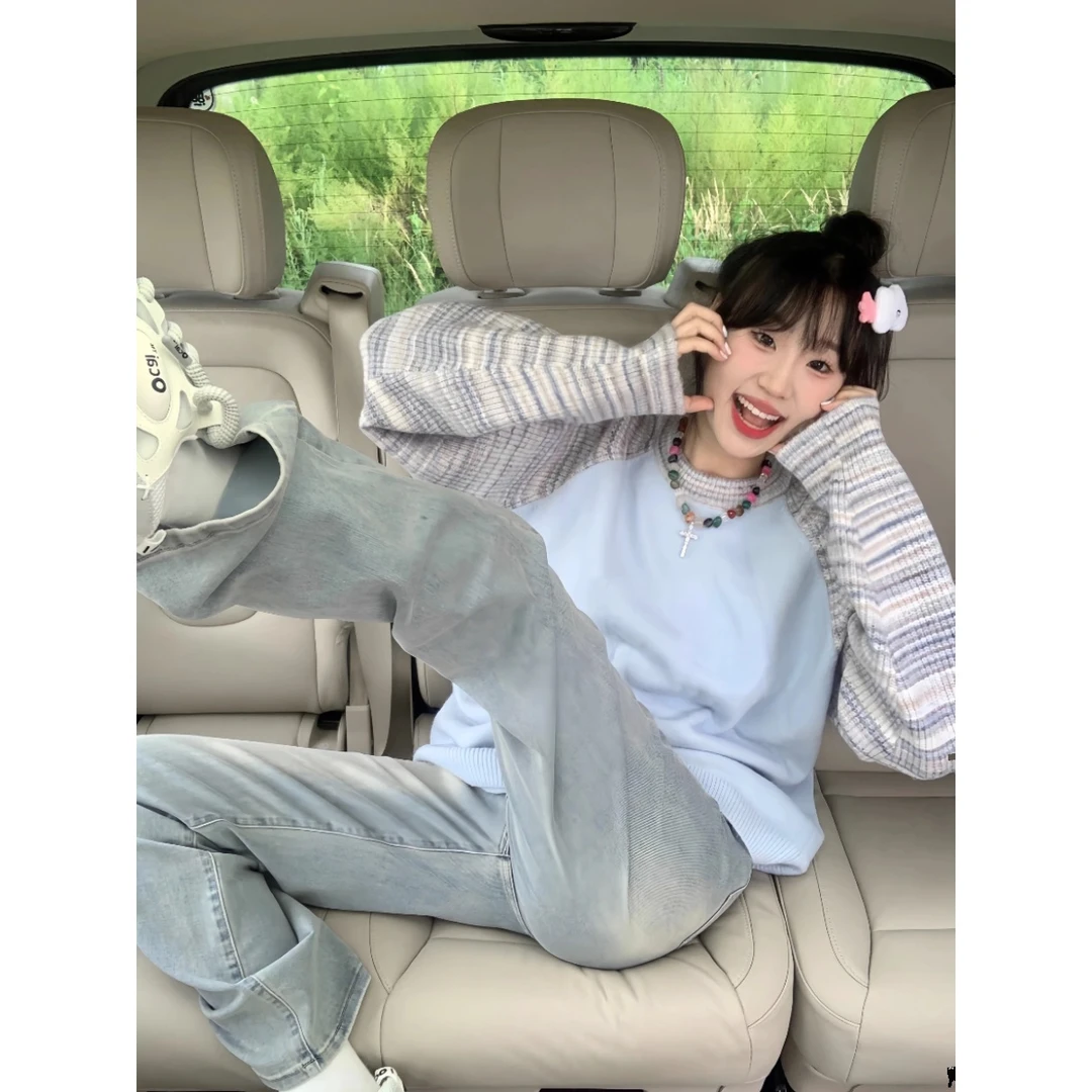 高级感超好看拼接毛衣女秋冬2023新款慵懒风设计感美式插肩袖卫衣