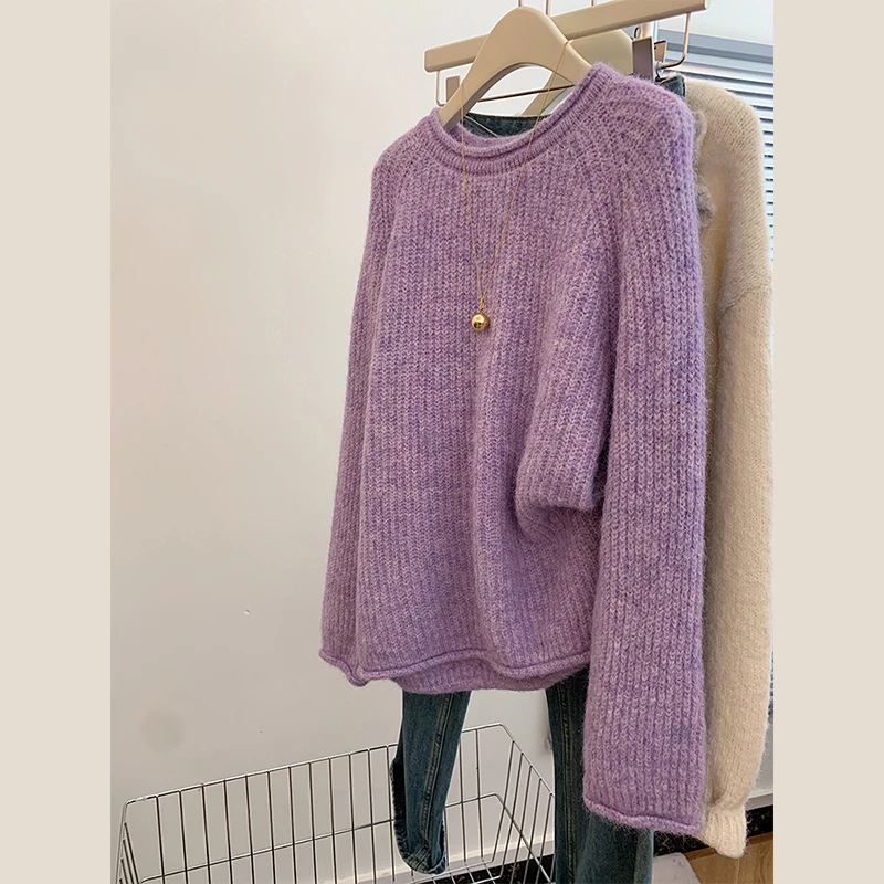 紫色圆领宽松奶呼呼软糯套头外穿毛衣女款小个子加厚慵懒风高级感