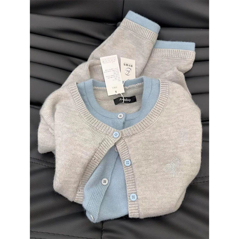 格雷系假两件针织毛衣外套女2025秋冬新款灰色高级感拼接开衫上衣