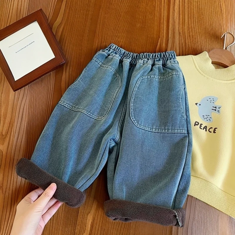 男童加绒加厚牛仔裤男宝冬季直筒长裤炸街中小童过冬一体绒裤子潮