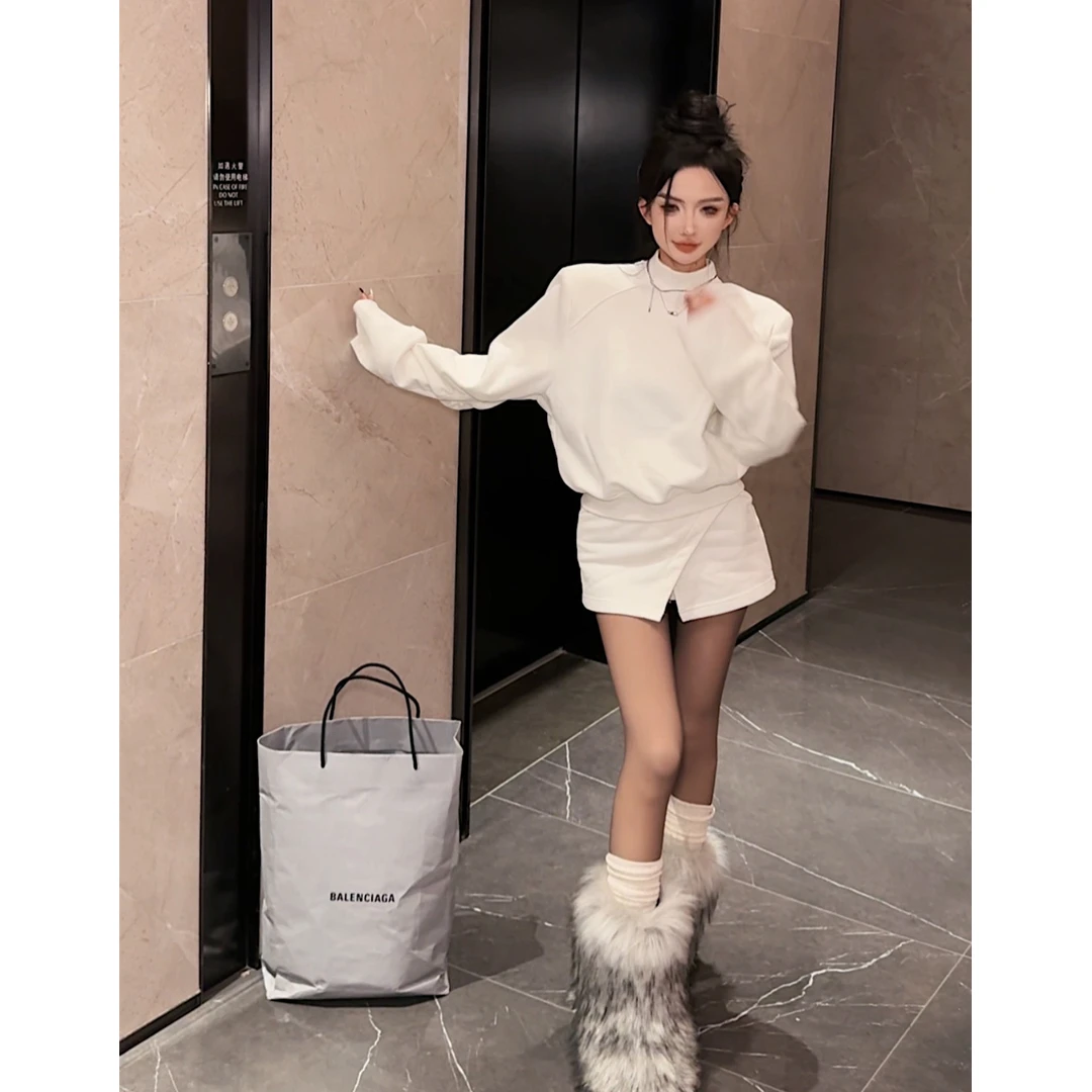 小个子卫衣套装女加绒秋冬2024新款百搭圆领长袖开叉半身裙两件套