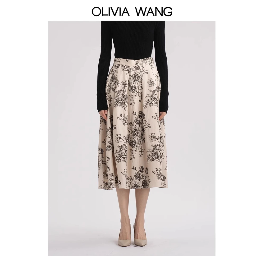 OLIVIA WANG 通勤茹伊印花A字伞裙显瘦高腰中长款法式亚麻半裙