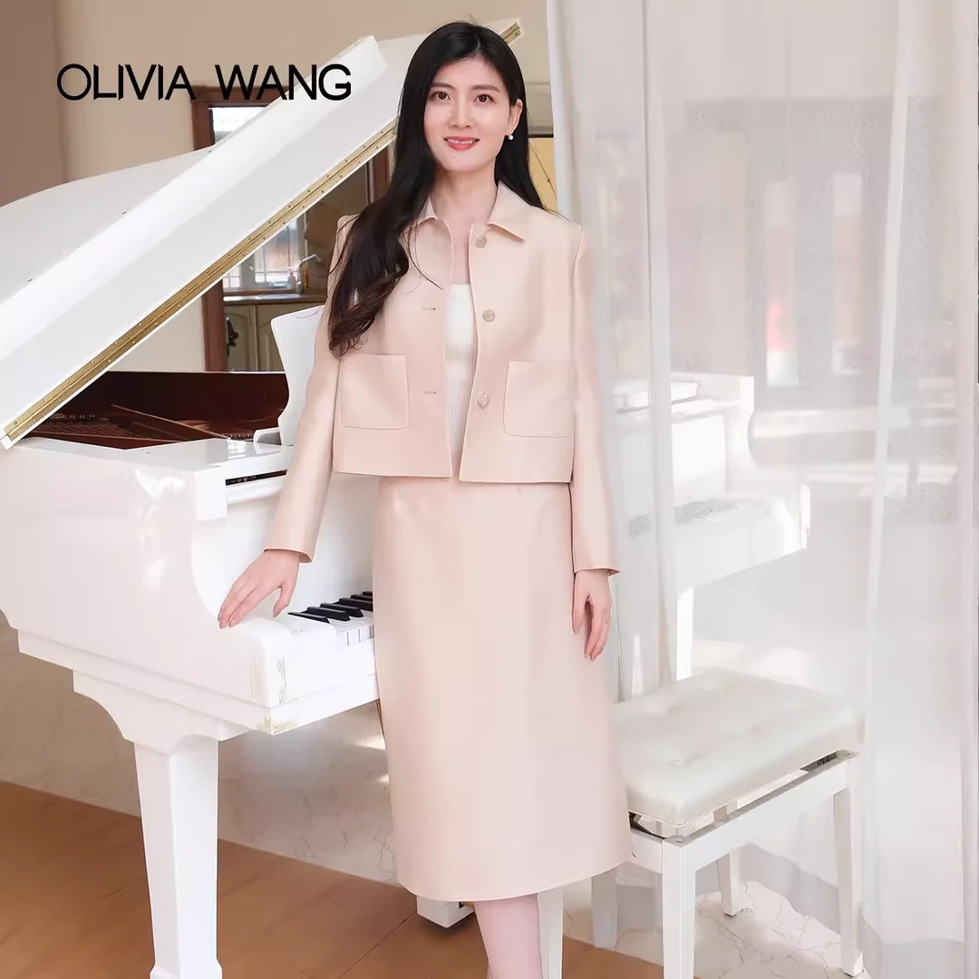 OLIVIAWANG 澳洲丝光羊毛翻领柔和桃丝毛半身裙套装