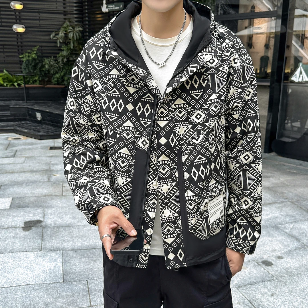 春季新款时尚潮流民族风修身连帽花夹克外套男女同款情侣款花外套