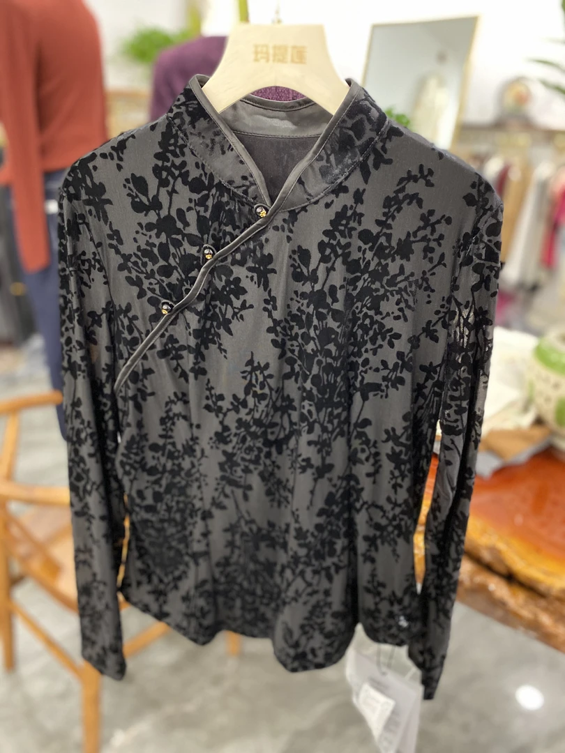 网纱植绒立领盘扣长袖蕾丝上衣打底衫设计感复古洋气小衫