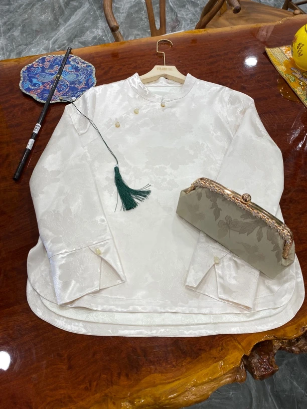 新中式桑蚕丝国风上衣女立领复古提花挂里衫宽松百搭长袖气质衬衫