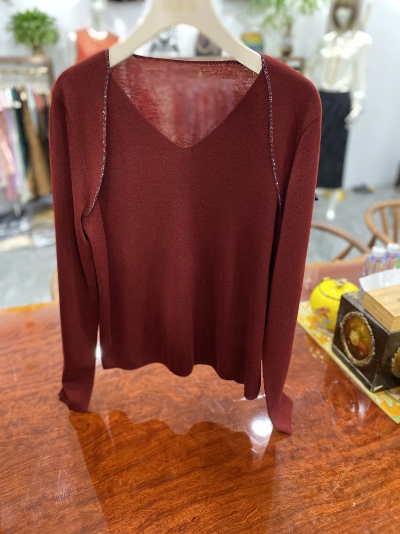 V领八形钻纯色长袖套头针织打底衫女2024秋新款上衣修身显瘦内搭