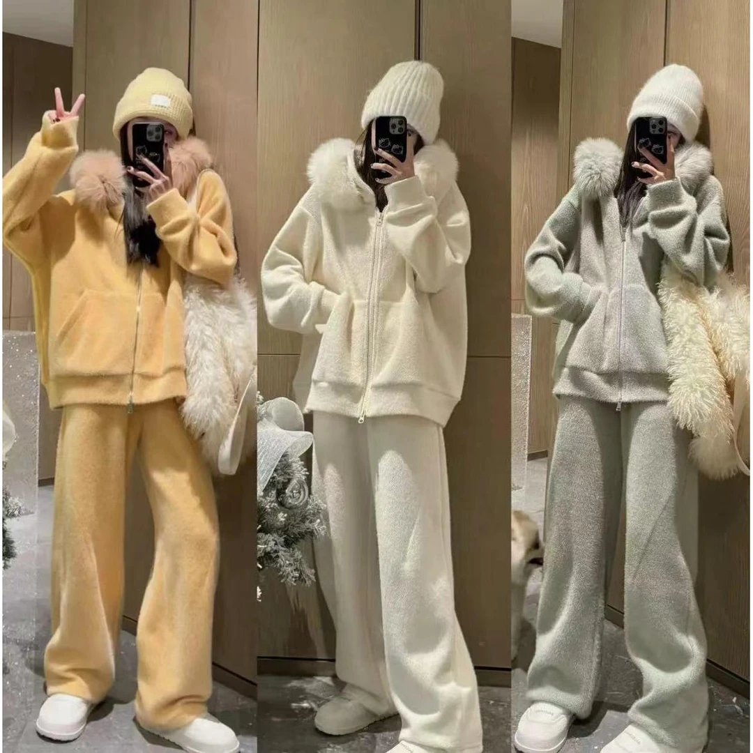 秋冬套装女气质高级小个子软糯连帽慵懒风设计感窄版阔腿裤两件套