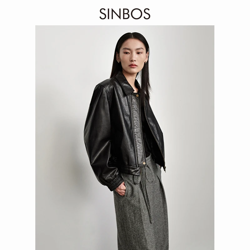 SINBOS复古棕色皮衣女短款2023秋冬油蜡牛皮夹克上衣SF3D30142