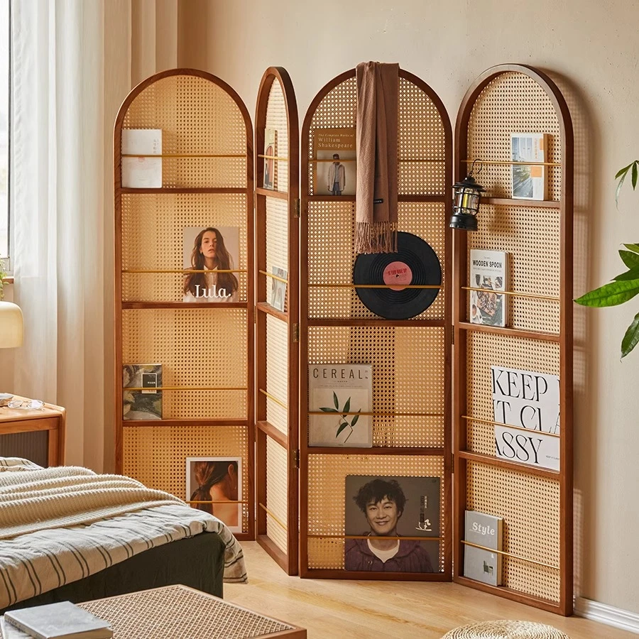 中古客厅折叠藤编屏风侘寂玄关中式隔断法式卧室遮挡复古置物书架