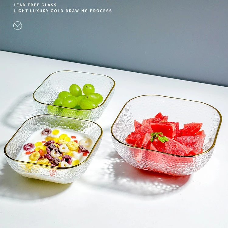 方形金边玻璃碗家用水果盘甜品沙拉碗宿舍用学生日式面碗餐具汤碗