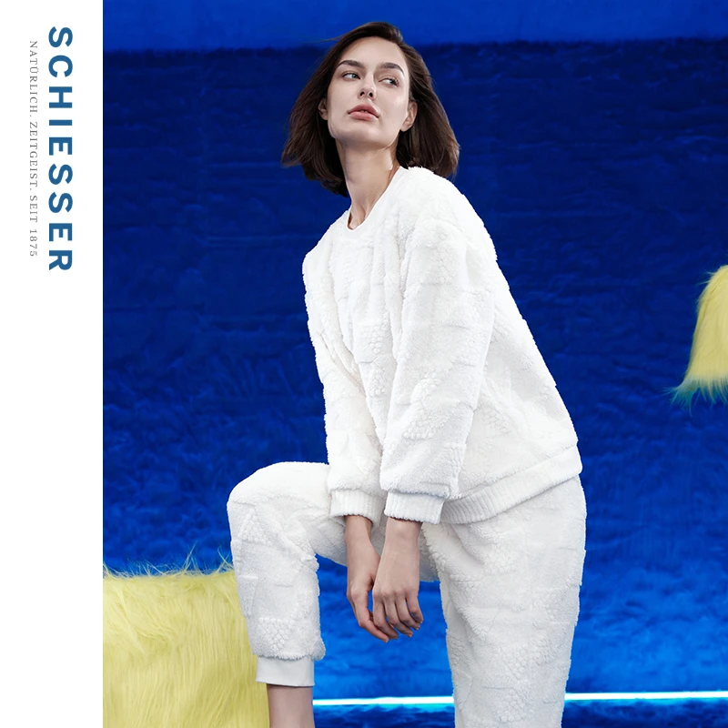 SCHIESSER舒雅秋冬新品女士舒棉绒肌理剪花圆领睡衣家居服套装