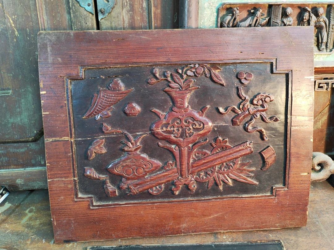 清代老木雕博古一块 漂亮厚板 背后有粘