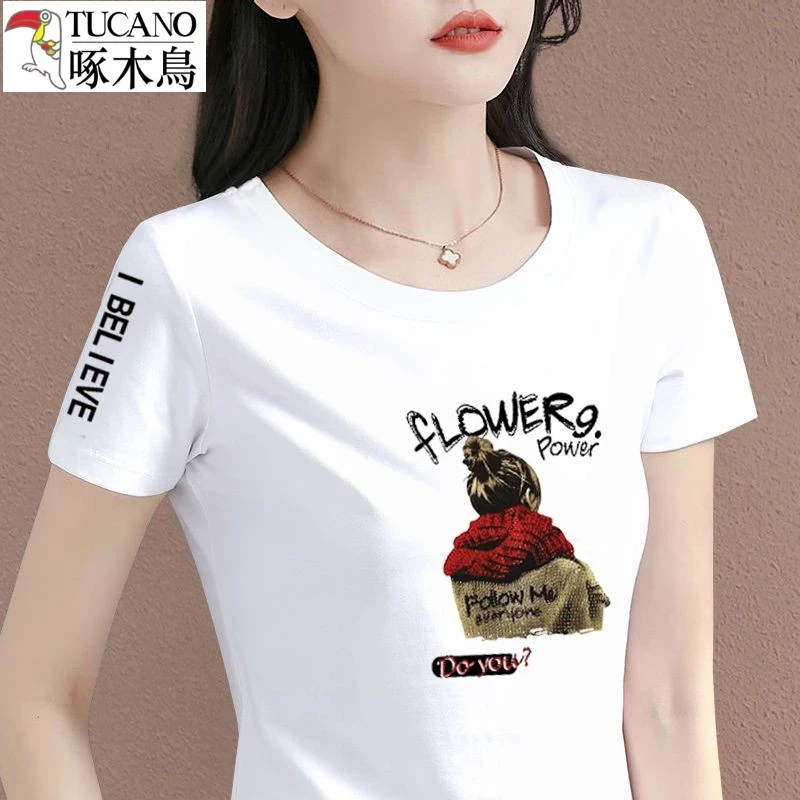 啄木鸟新款短袖t恤女棉质上衣洋气半袖修身显瘦百搭打底春夏外穿