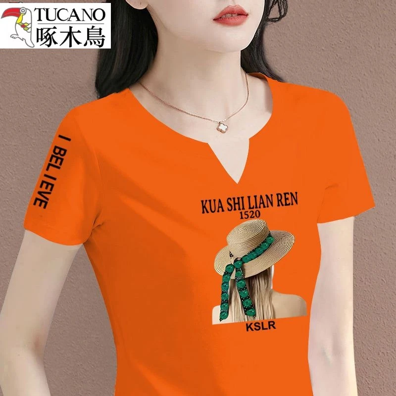啄木鸟棉质高品质正肩短袖t恤女夏季新款修身显瘦v领洋气百搭上衣