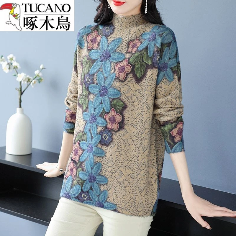 啄木鸟新款羊毛衫女秋冬保暖毛衣加肥加大码可外穿印花打底衫上衣