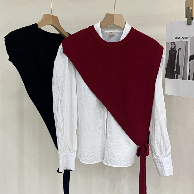 【迪格丝达】韩版新款高级感小众设计斜边三角针织披肩马甲叠穿斜肩