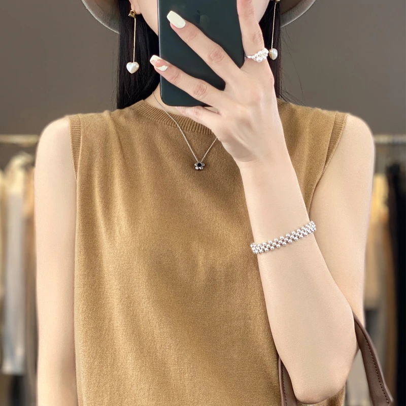 圆领无袖背心打底绵羊毛背心时尚百搭纯色气质针织一线成衣背心